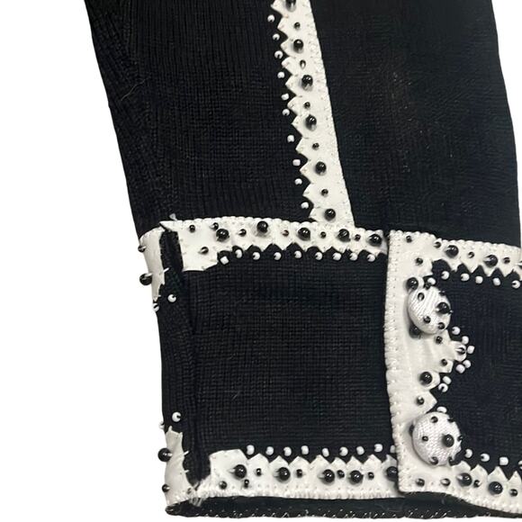Vintage Knit Cardigan Sweater Black Large Beaded Vegan Leather Trim Satin - Picture 13 of 16